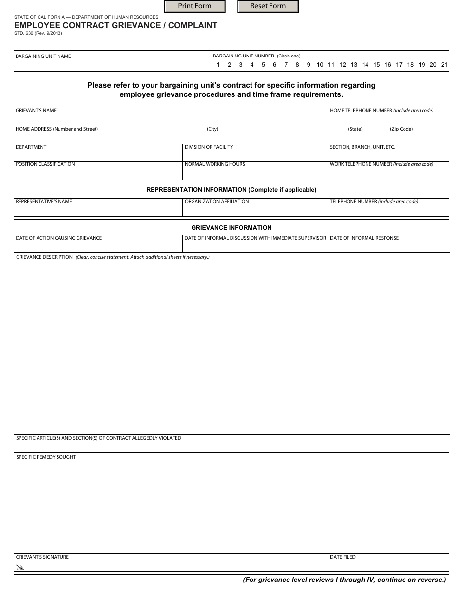Form STD.630 Employee Contract Grievance / Complaint - California, Page 1