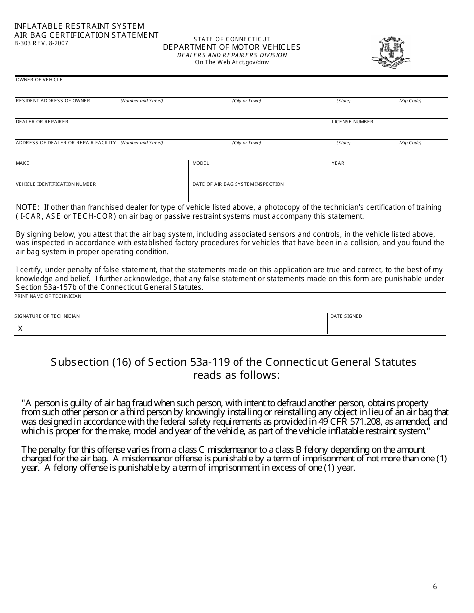 Form B-256 Salvage Inspection Information Sheets - Connecticut, Page 6