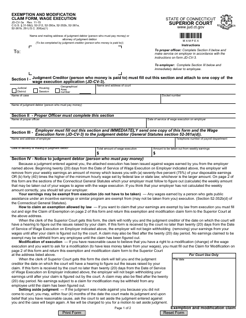 Form JD-CV-3A Exemption and Modification Claim Form, Wage Execution - Connecticut