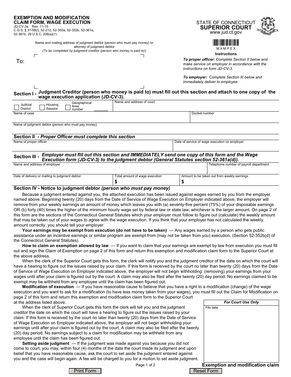 Form JD-CV-3A Exemption and Modification Claim Form, Wage Execution - Connecticut, Page 1