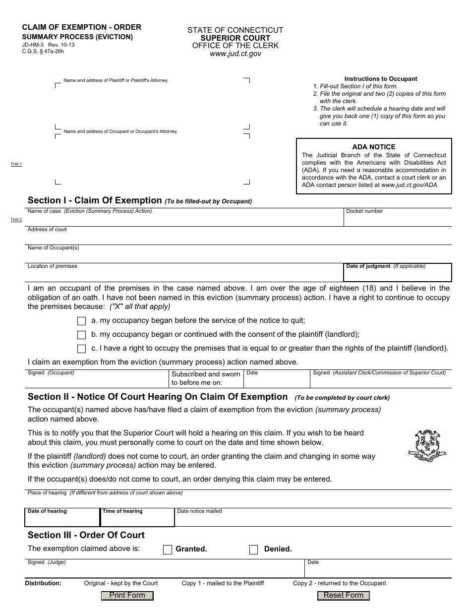 Form JD-HM-3 Claim of Exemption - Order Summary Process (Eviction) - Connecticut, Page 1