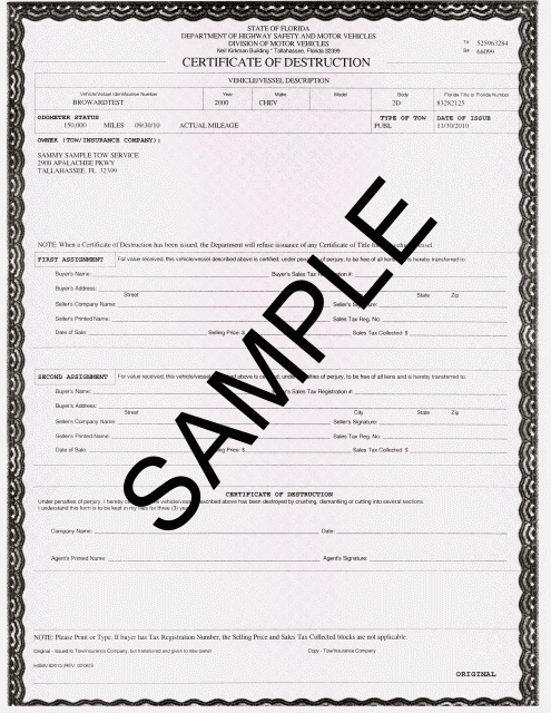 Sample Form HSMV82013 Certificate of Destruction - Florida