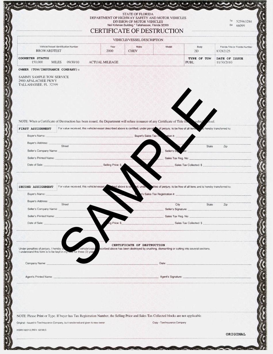 Sample Form HSMV82013 Certificate of Destruction - Florida, Page 1