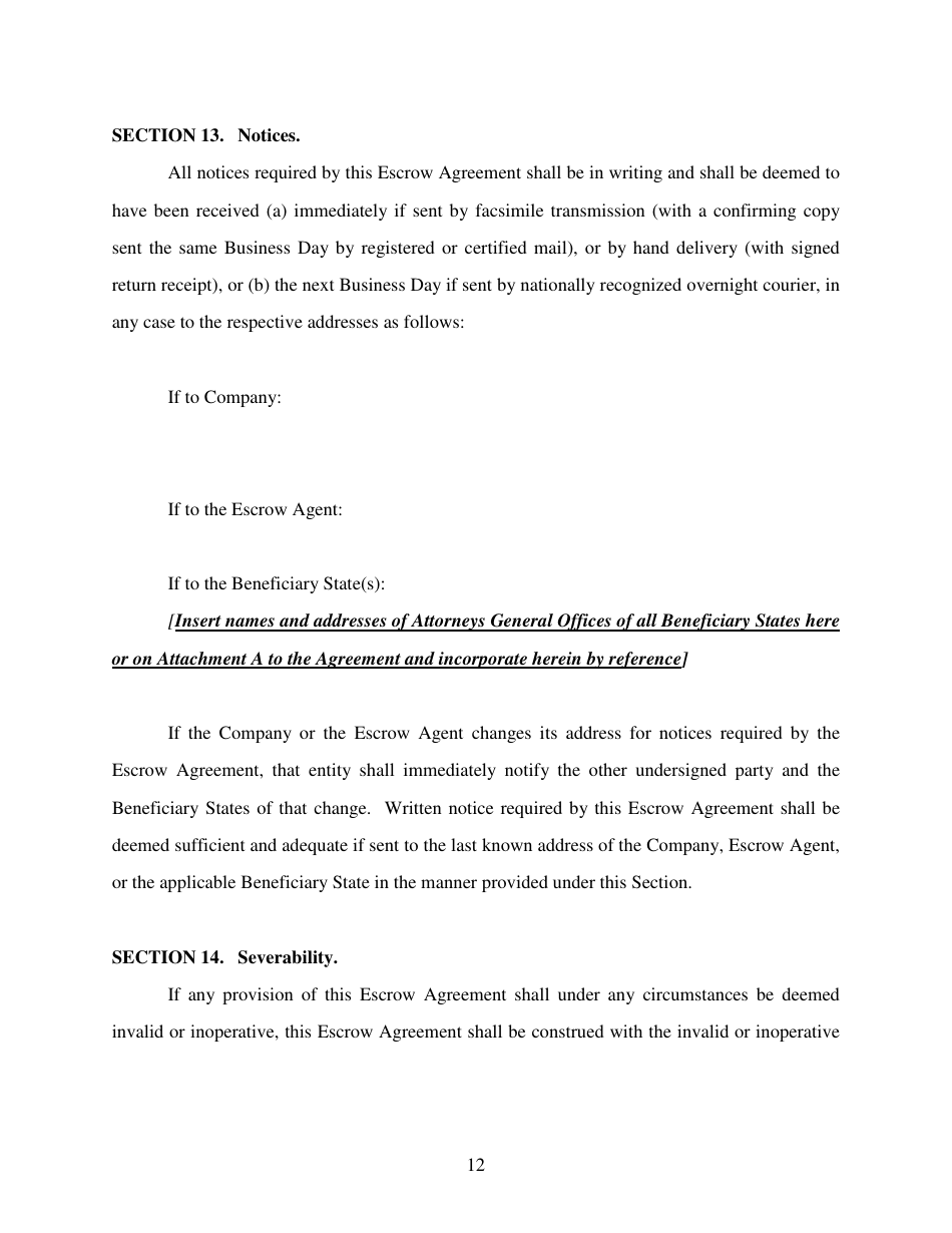 Escrow Agreement Form - Delaware, Page 12