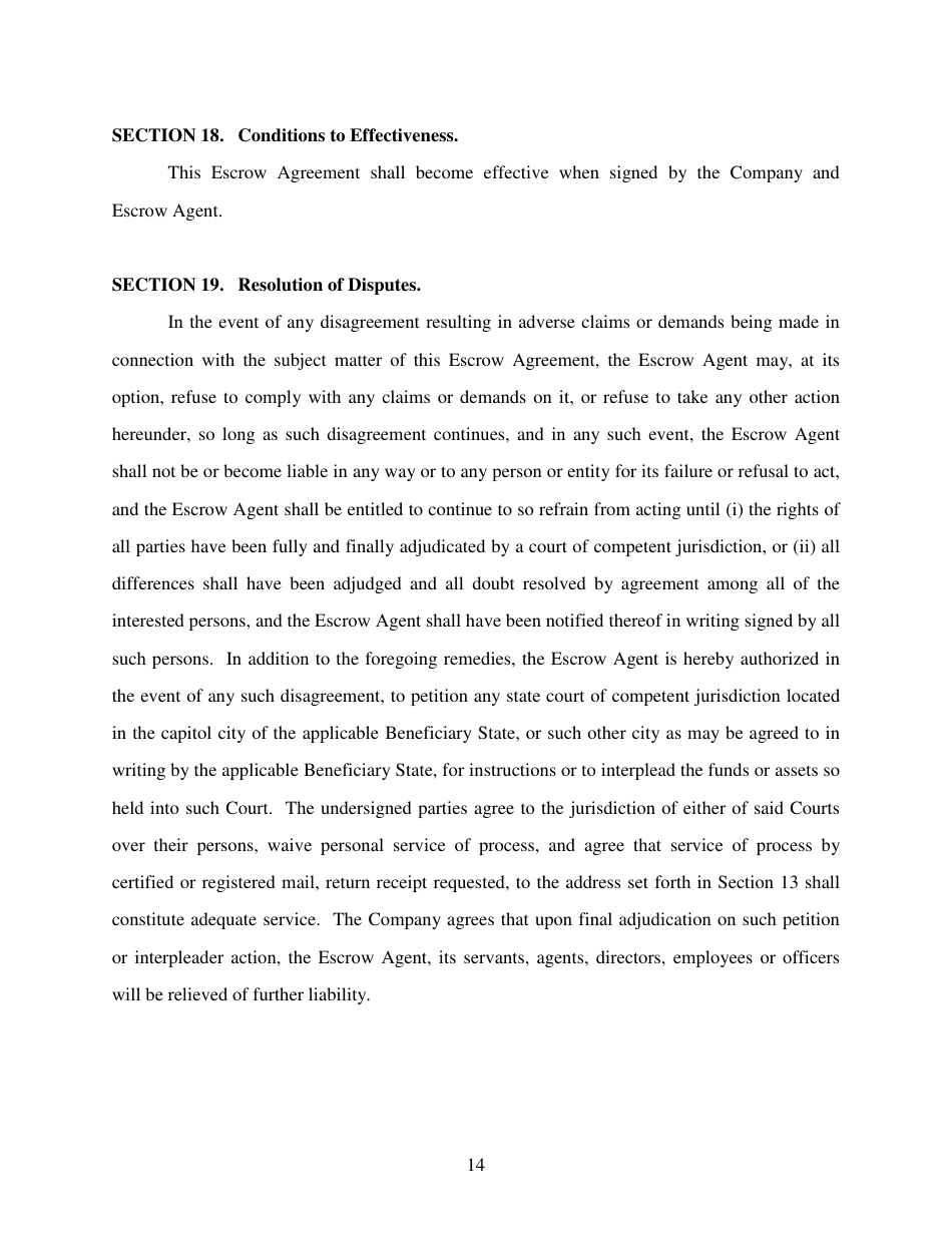 Escrow Agreement Form - Delaware, Page 14