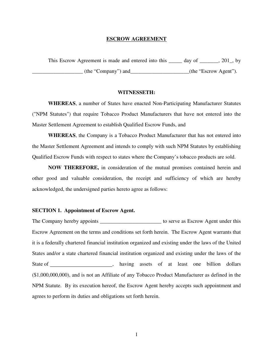 Escrow Agreement Form - Delaware, Page 1