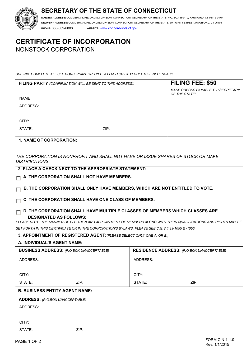 Form CIN-1-1.0 Certificate of Incorporation - Nonstock Corporation - Connecticut, Page 1