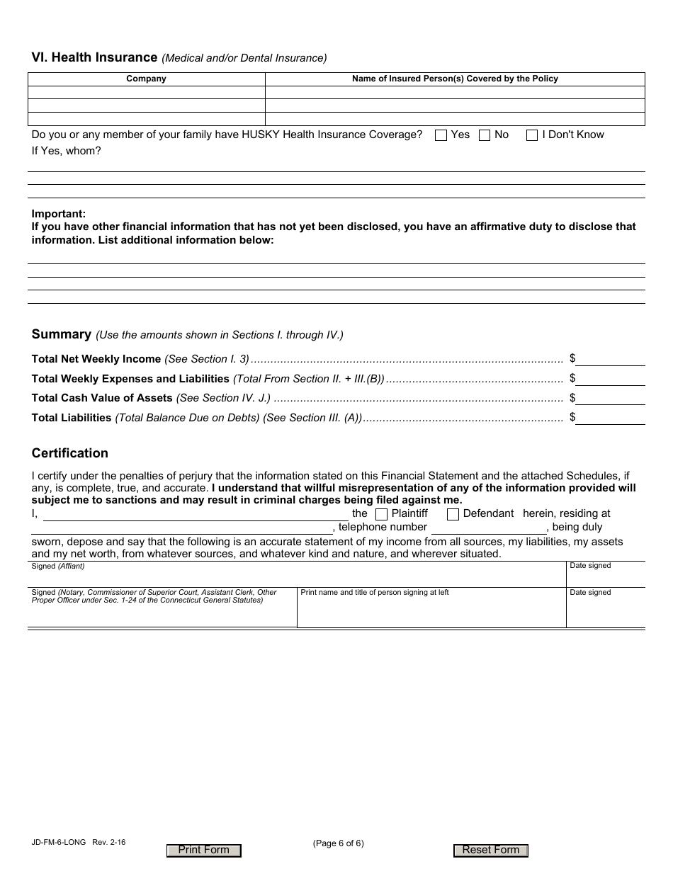 Form JD-FM-6-LONG Financial Affidavit - Connecticut, Page 6