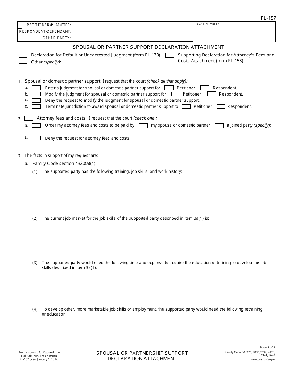 Form FL-157 Spousal or Domestic Partner Support Declaration Attachment - California, Page 1