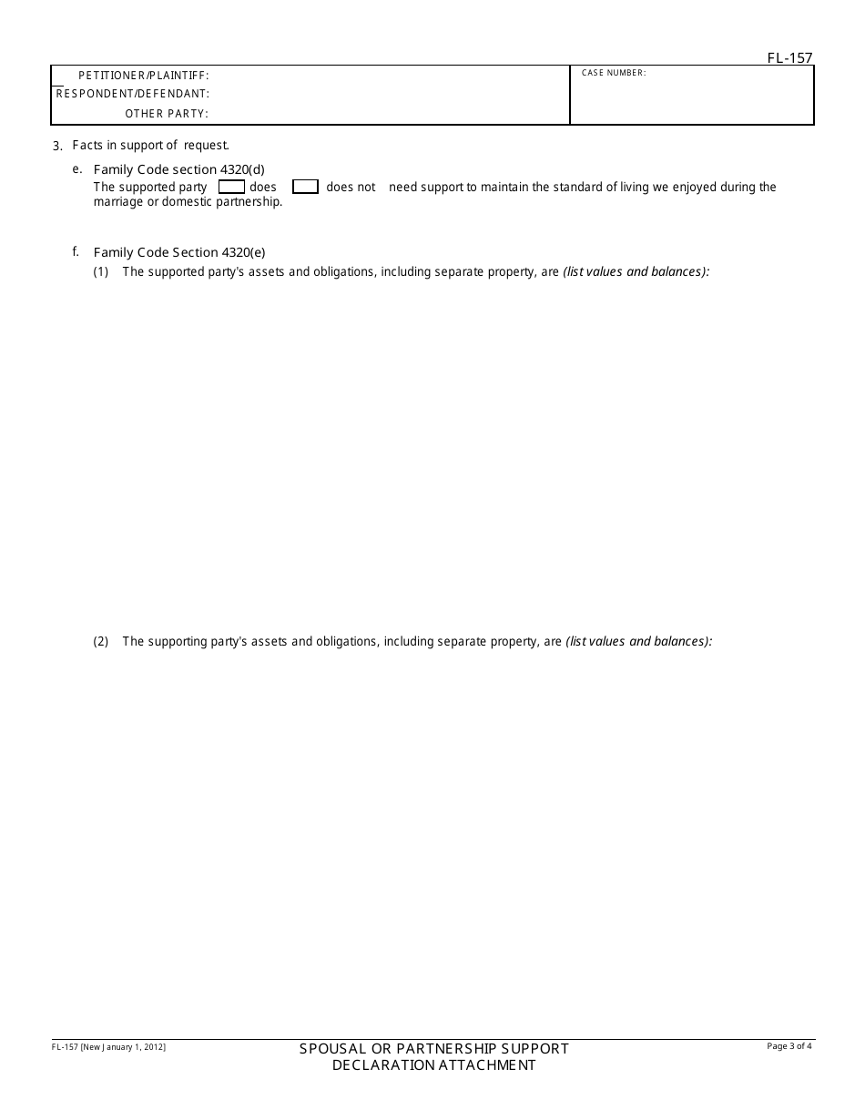 Form FL-157 Spousal or Domestic Partner Support Declaration Attachment - California, Page 3