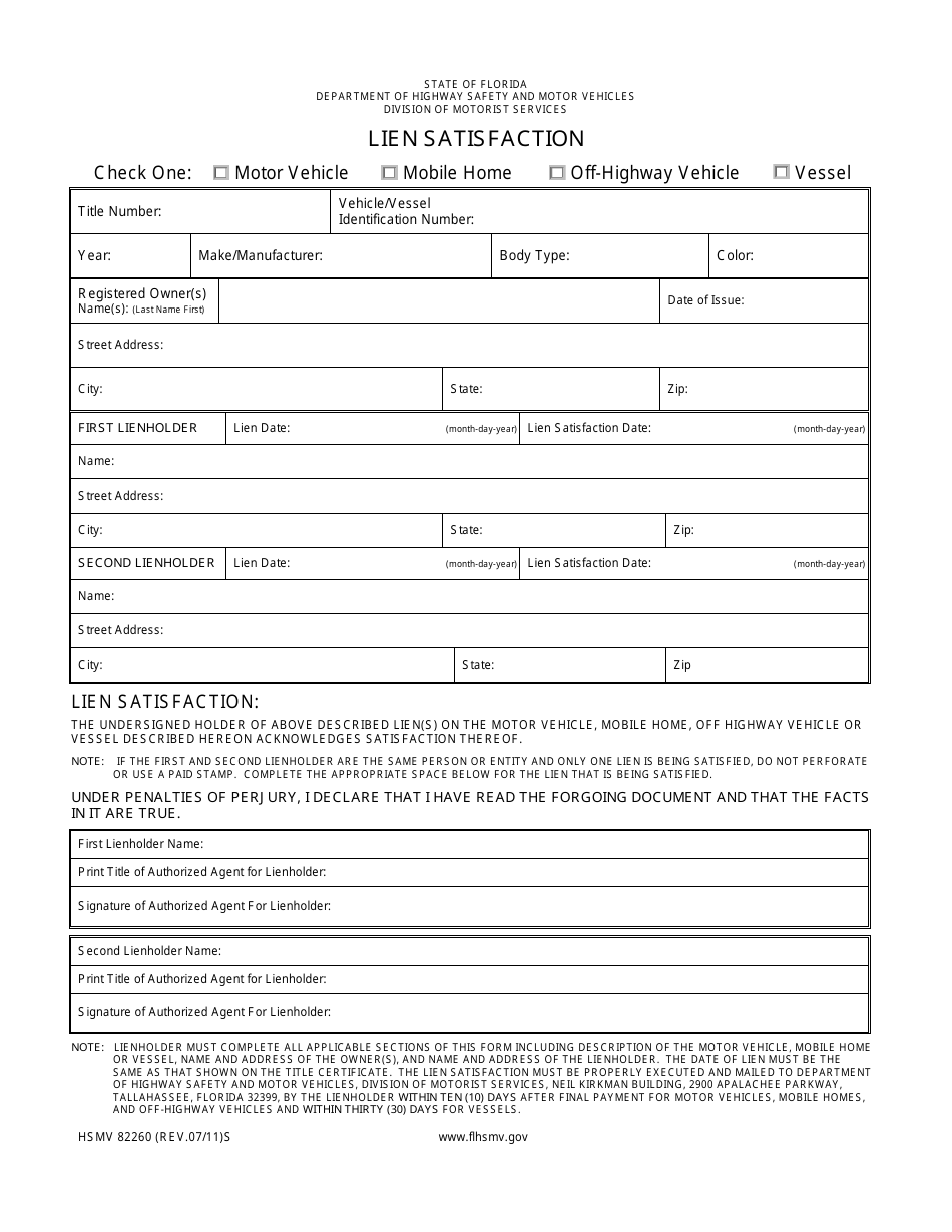 Form HSMV82260 Lien Satisfaction - Florida, Page 1