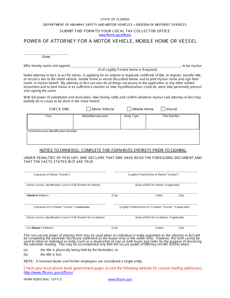 Form HSMV82053 Power of Attorney for a Motor Vehicle, Mobile Home or Vessel - Florida, Page 1