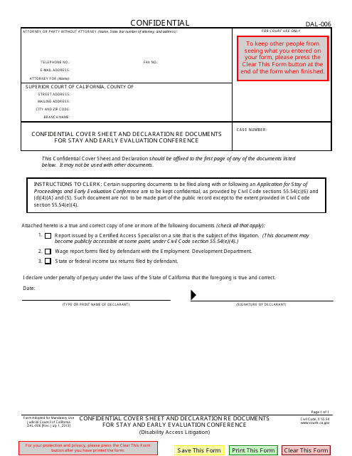 Form DAL-006 Confidential Cover Sheet and Declaration Re Documents for Stay and Early Evaluation Conference - California