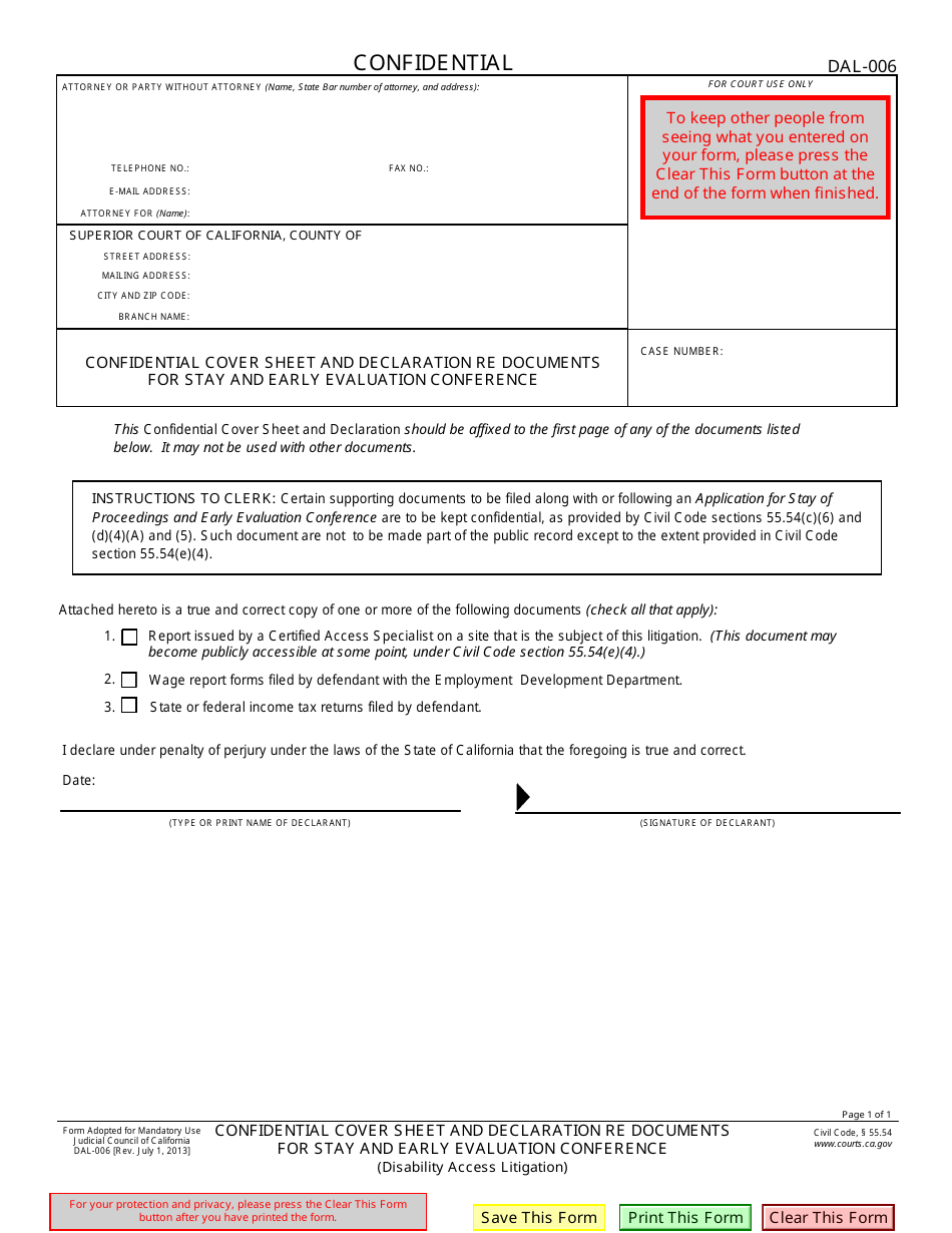 Form DAL-006 Confidential Cover Sheet and Declaration Re Documents for Stay and Early Evaluation Conference - California, Page 1