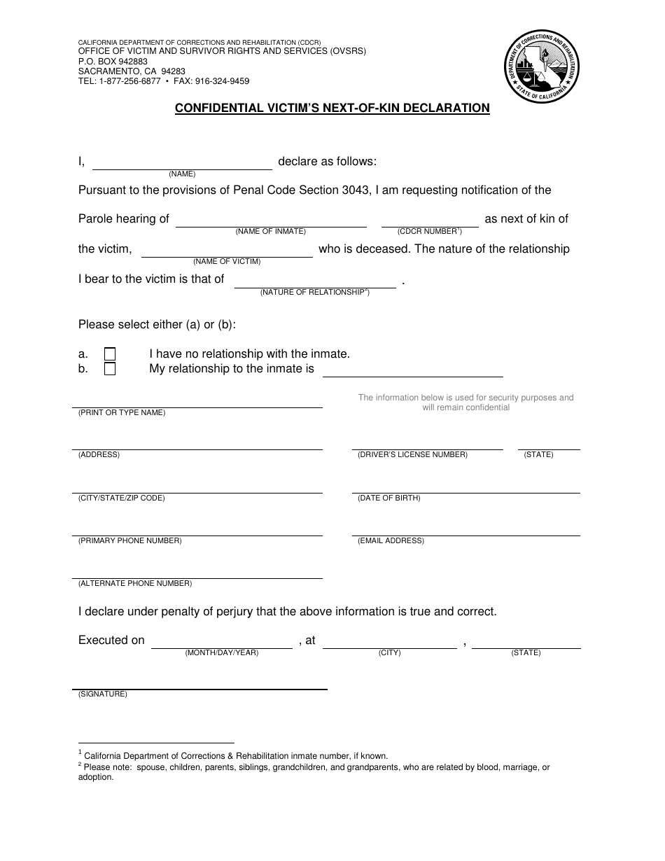 Confidential Victims Next-Of-Kin Declaration Form - California, Page 1