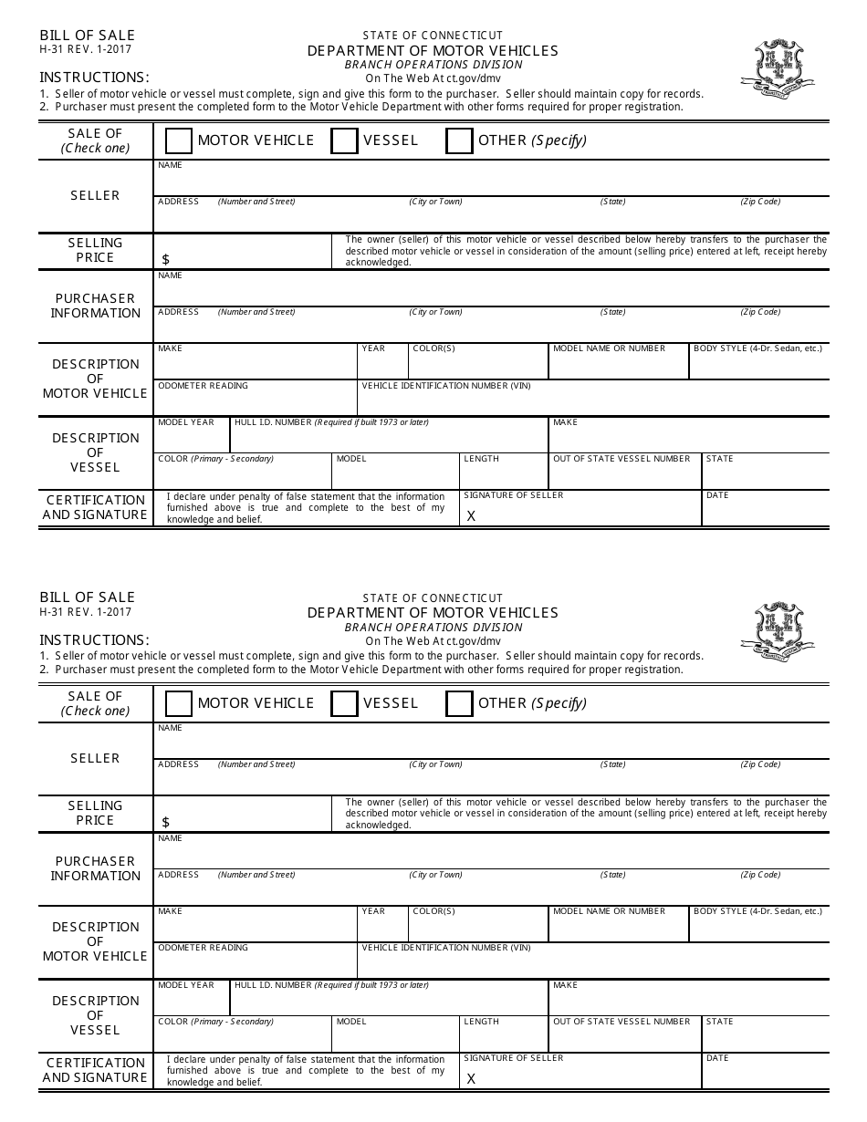 Form H-31 Vehicle / Boat Bill of Sale - Connecticut, Page 1