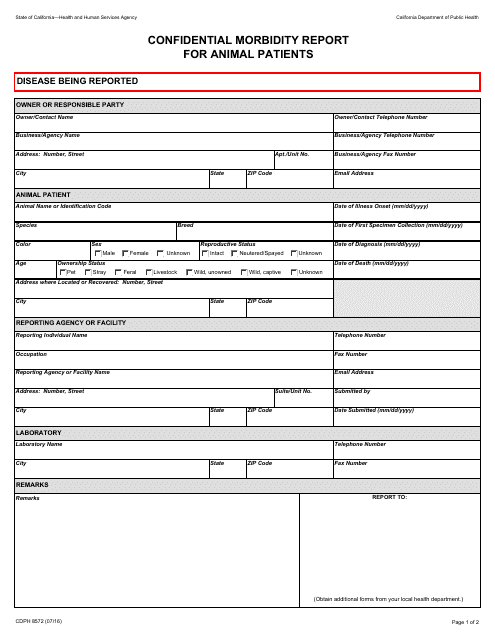 Form CDPH8572 Confidential Morbidity Report for Animal Patients - California
