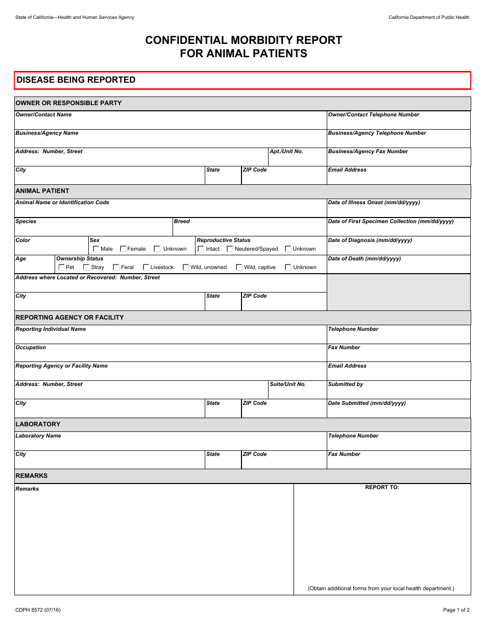Form CDPH8572 Confidential Morbidity Report for Animal Patients - California, Page 1