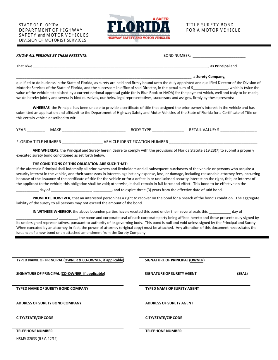 Form HSMV82033 Fill Out, Sign Online and Download Fillable PDF