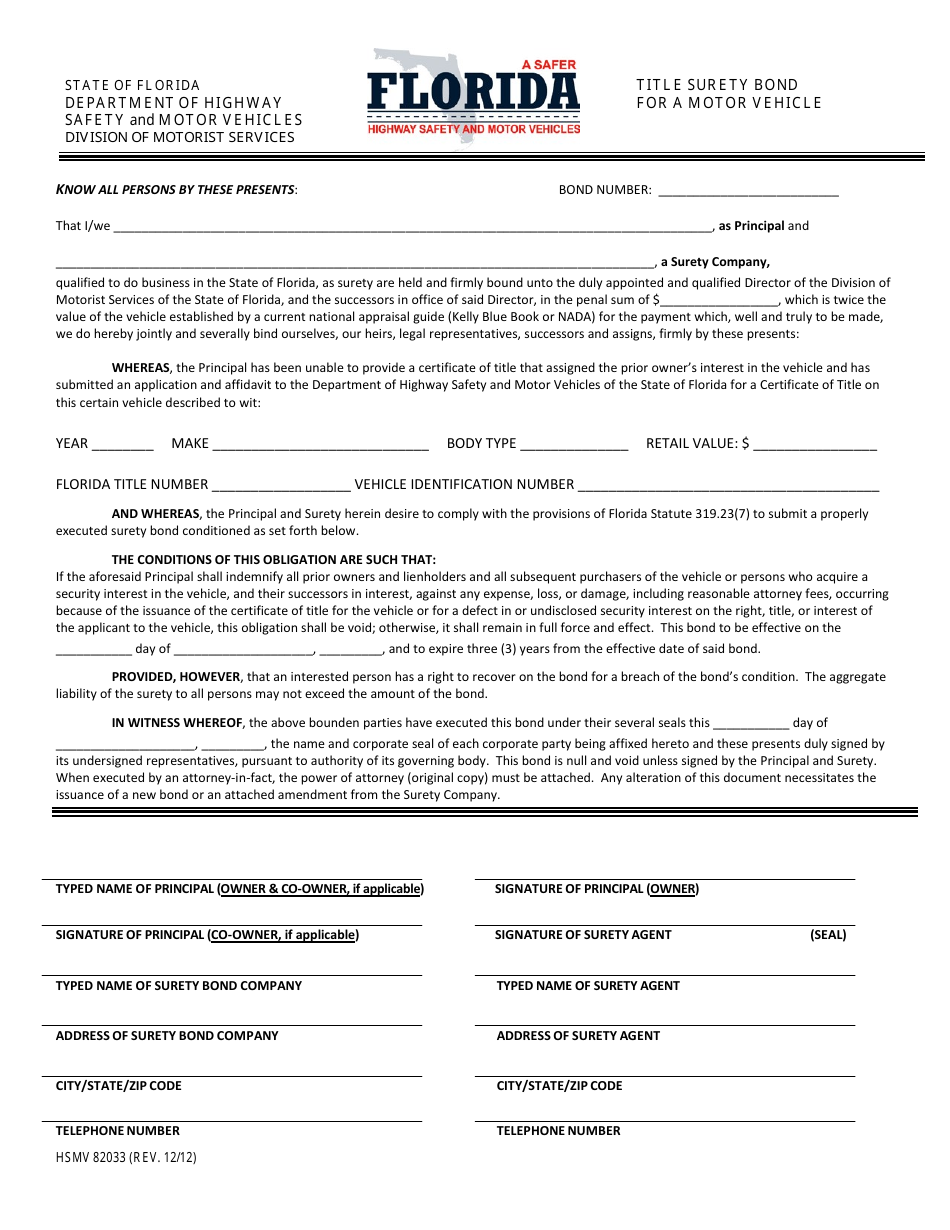 Form HSMV82033 Title Surety Bond for a Motor Vehicle - Florida, Page 1