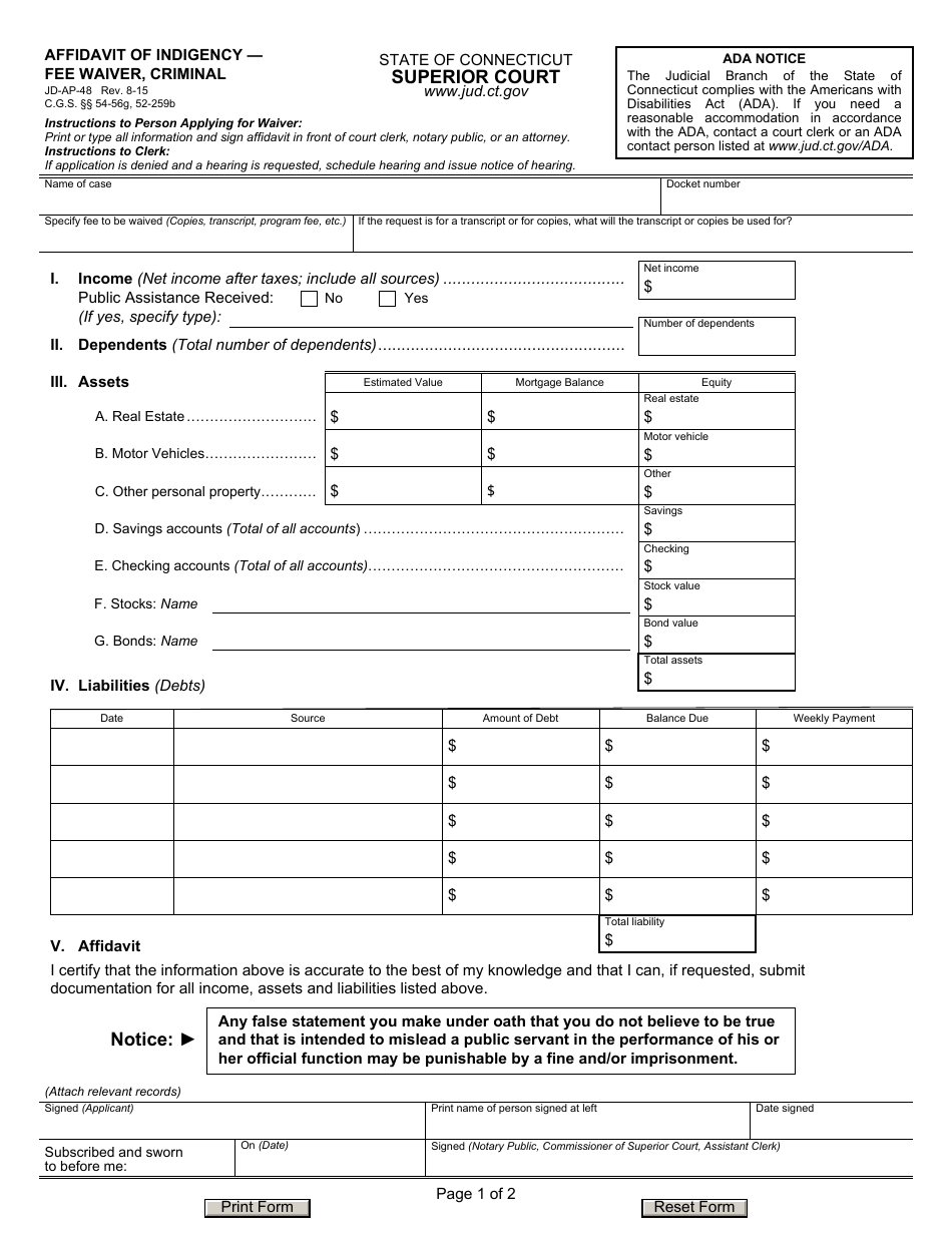 Form JD-AP-48 Affidavit of Indigency - Fee Waiver, Criminal - Connecticut, Page 1