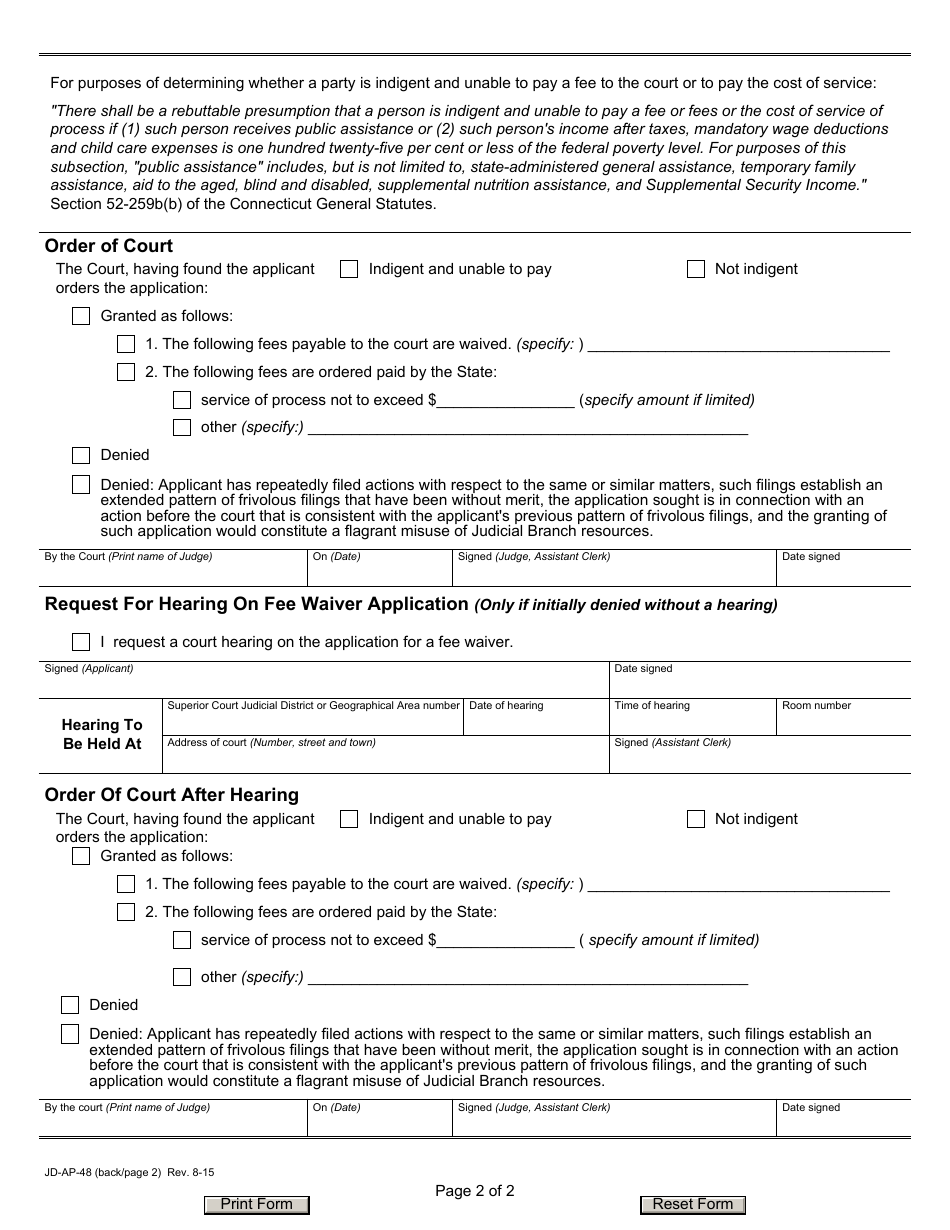 Form JD-AP-48 Affidavit of Indigency - Fee Waiver, Criminal - Connecticut, Page 2