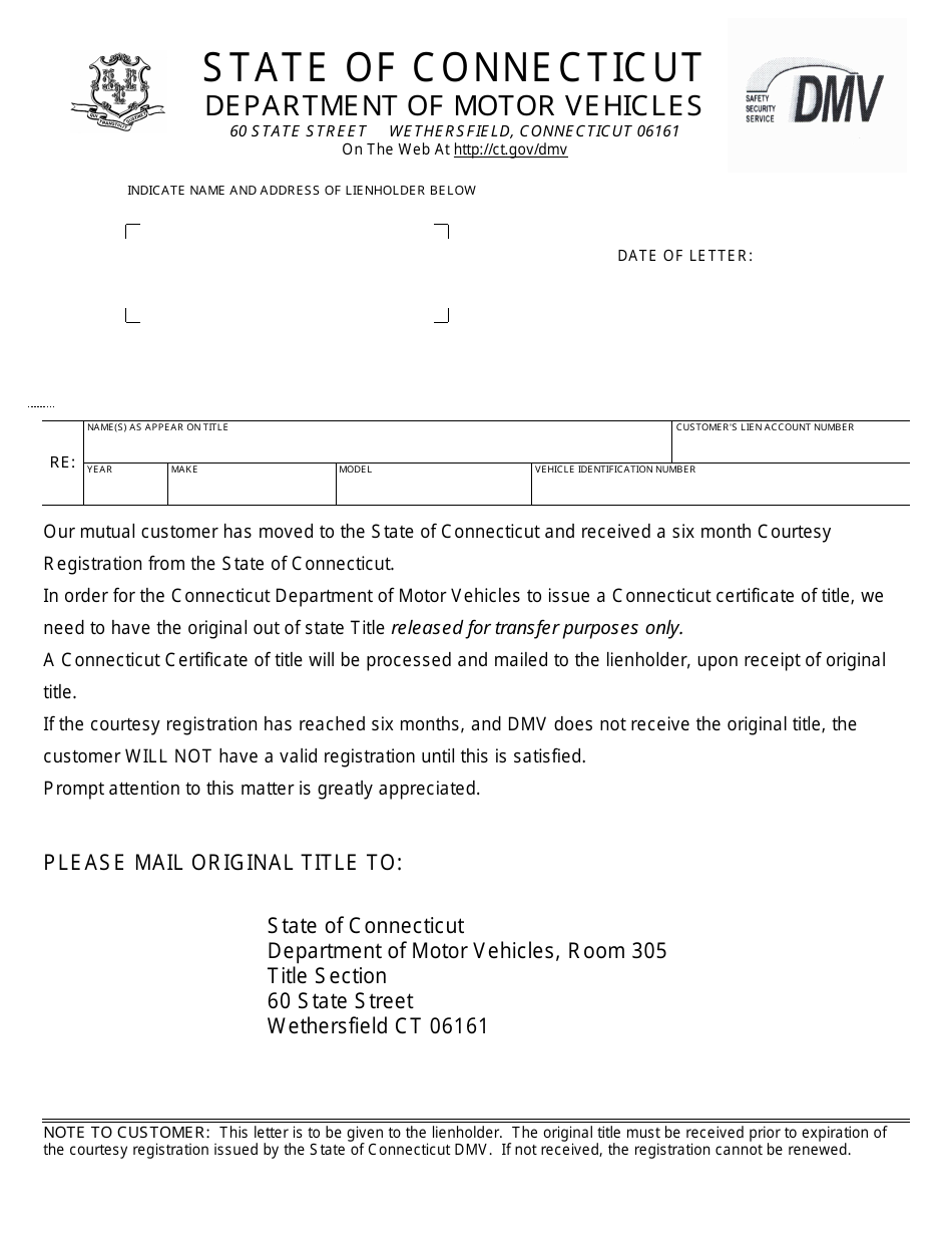 Connecticut Courtesy Registration Title Request Fill Out, Sign Online
