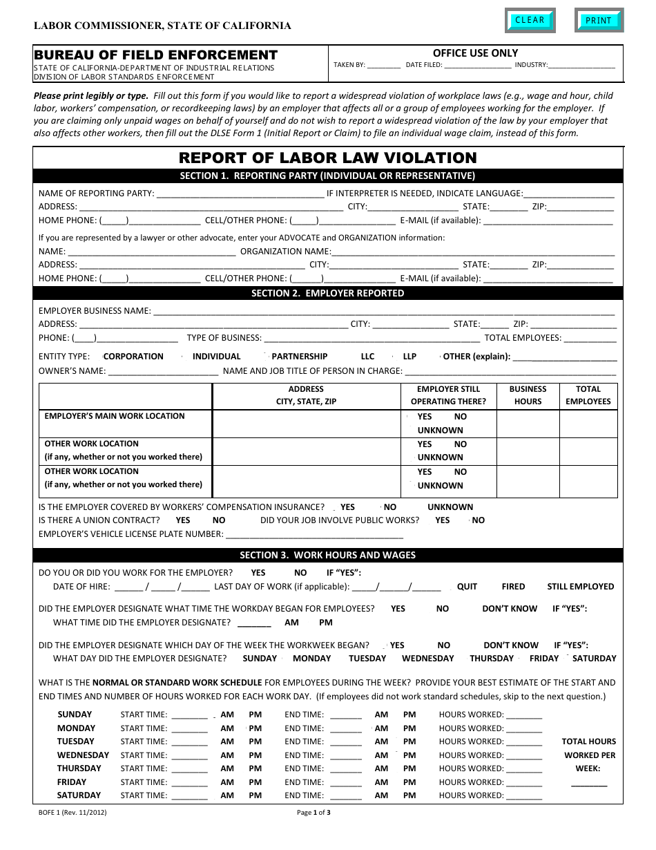 DLSE Form BOFE1 Report of Labor Law Violation - California, Page 1