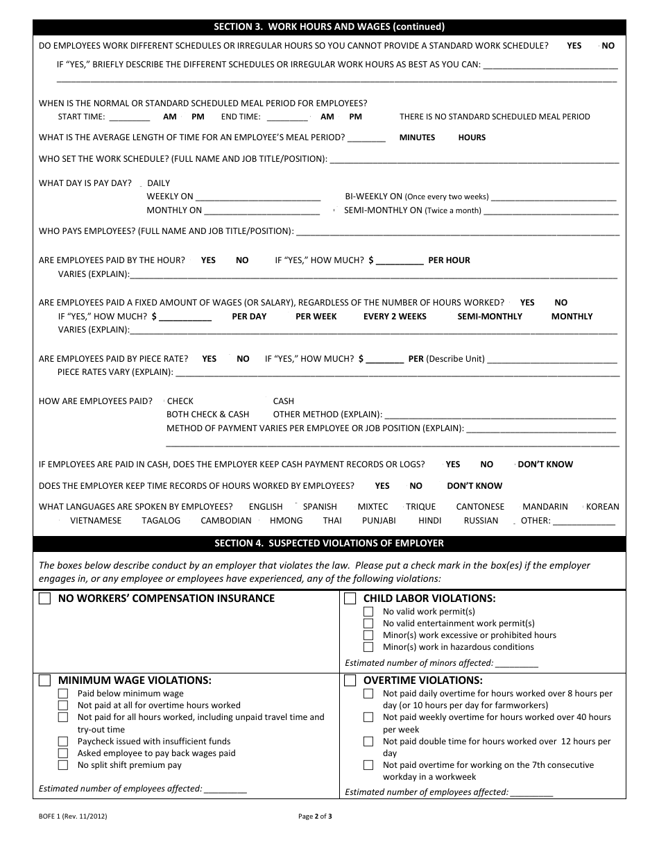 DLSE Form BOFE1 Report of Labor Law Violation - California, Page 2