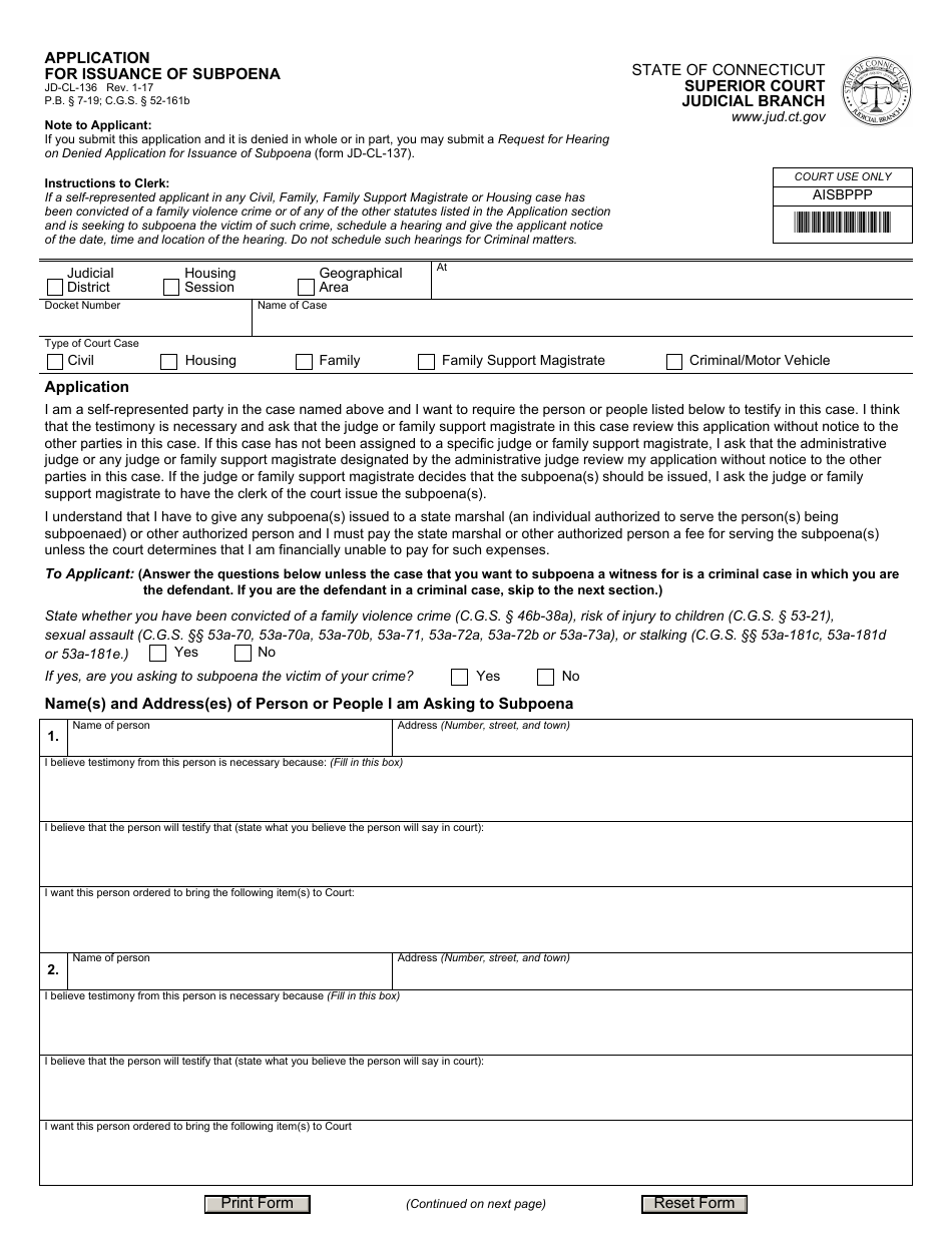Form JD-CL-136 Application for Issuance of Subpoena - Connecticut, Page 1