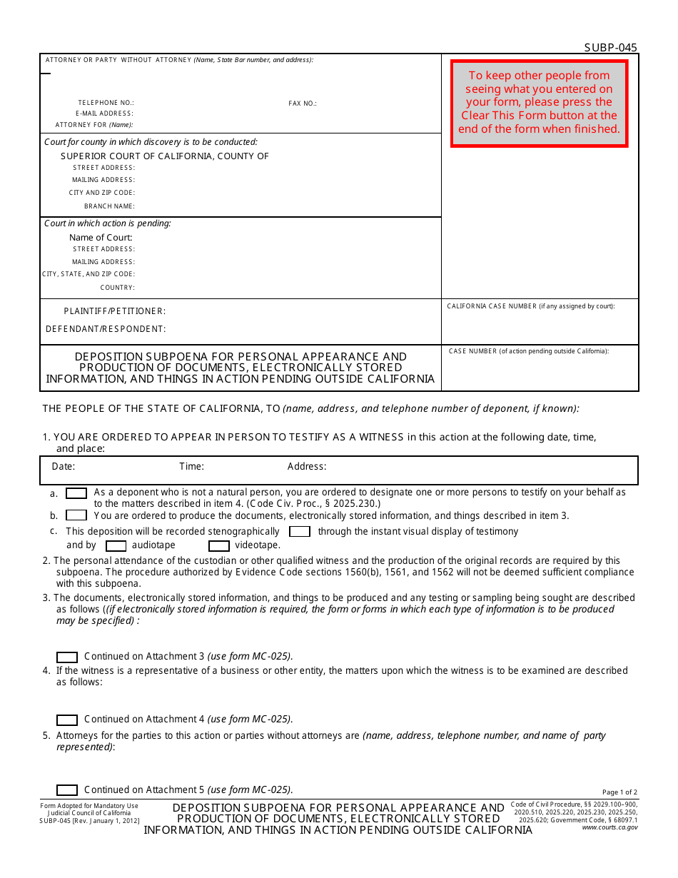 Form SUBP045 Download Fillable PDF or Fill Online Deposition Subpoena