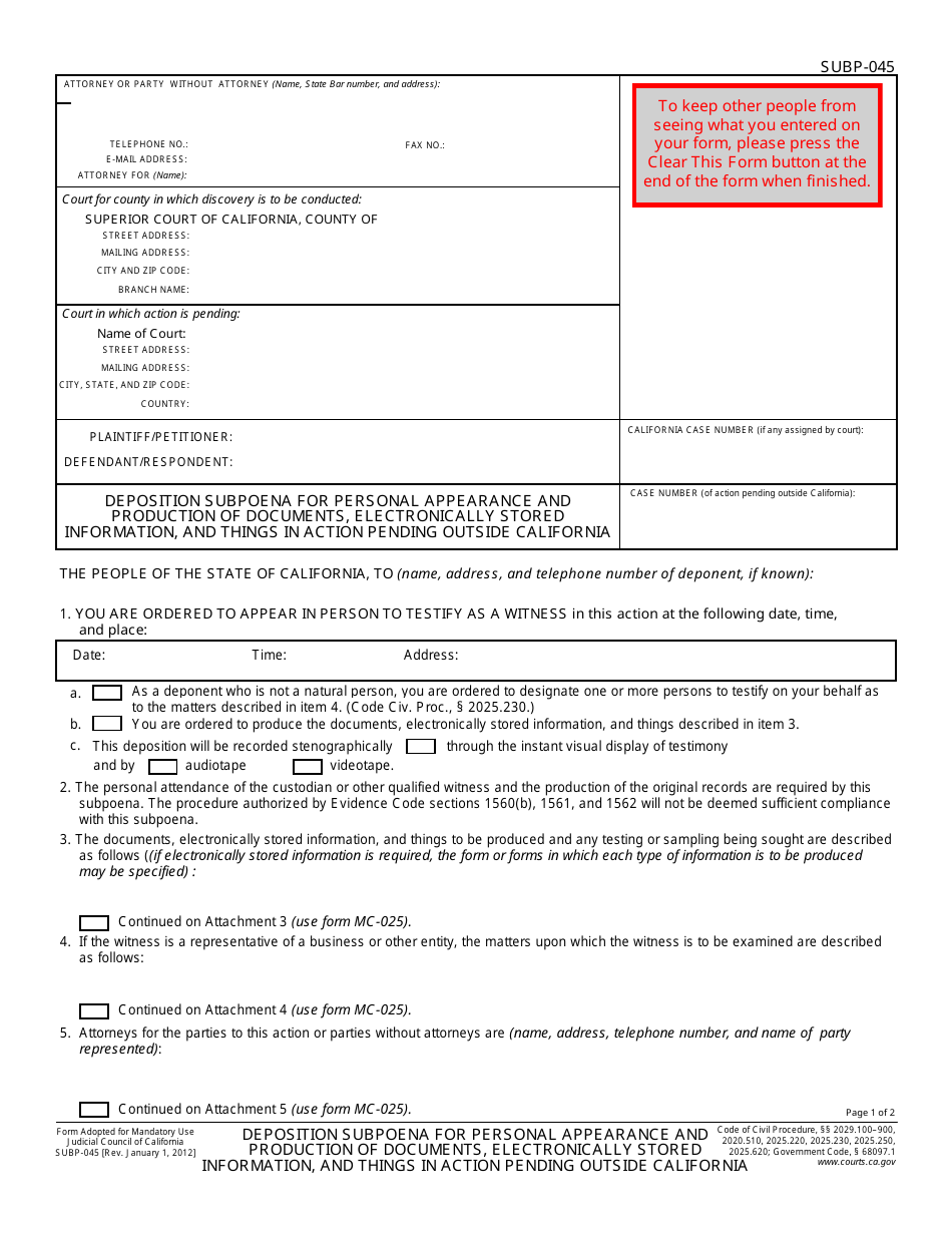 Form SUBP-045 Deposition Subpoena for Personal Appearance and Production of Documents, Electronically Stored Information, and Things in Action Pending Outside California - California, Page 1