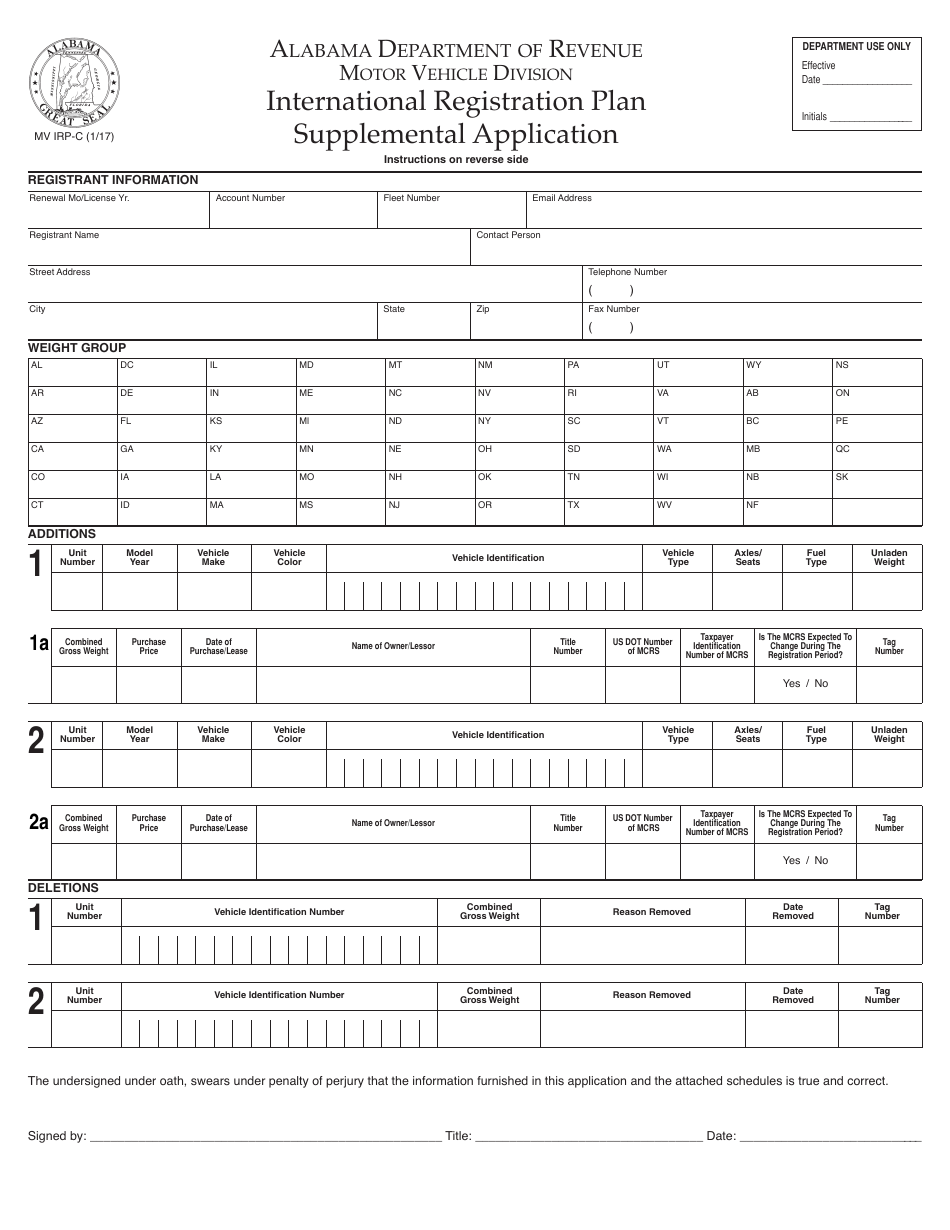 Form MV IRP-C International Registration Plan Supplemental Application - Alabama, Page 1