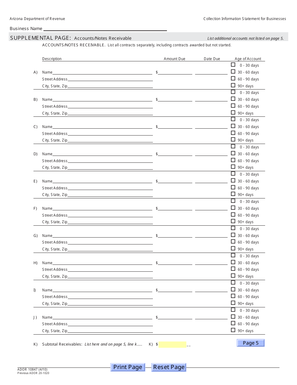Form ADOR10847 Collection Information Statement for Businesses - Arizona, Page 10