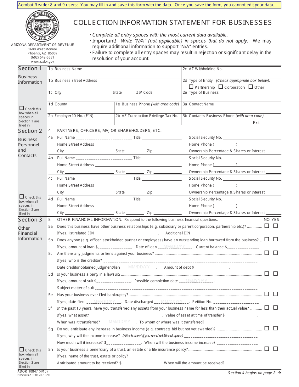 Form ADOR10847 Collection Information Statement for Businesses - Arizona, Page 1