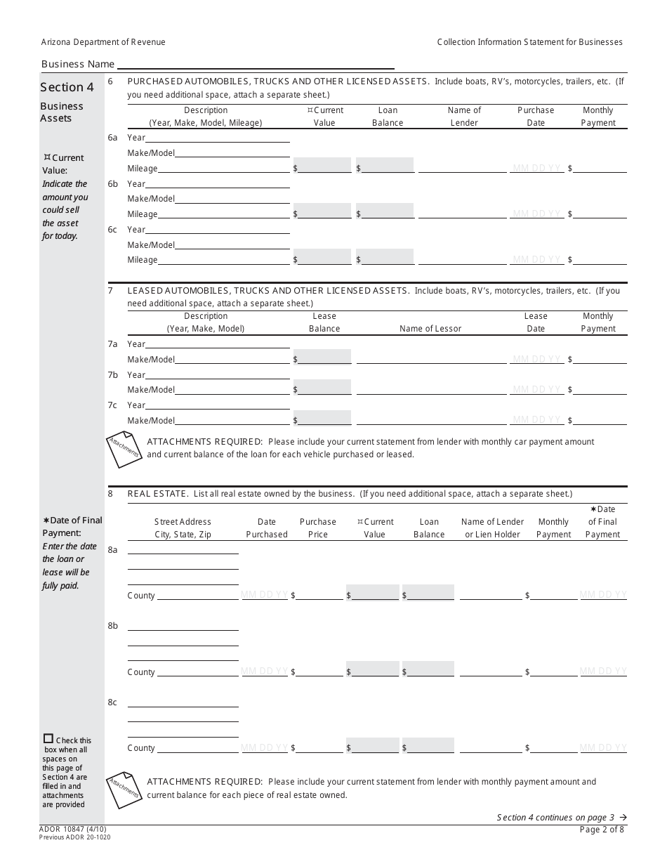 Form ADOR10847 Collection Information Statement for Businesses - Arizona, Page 2