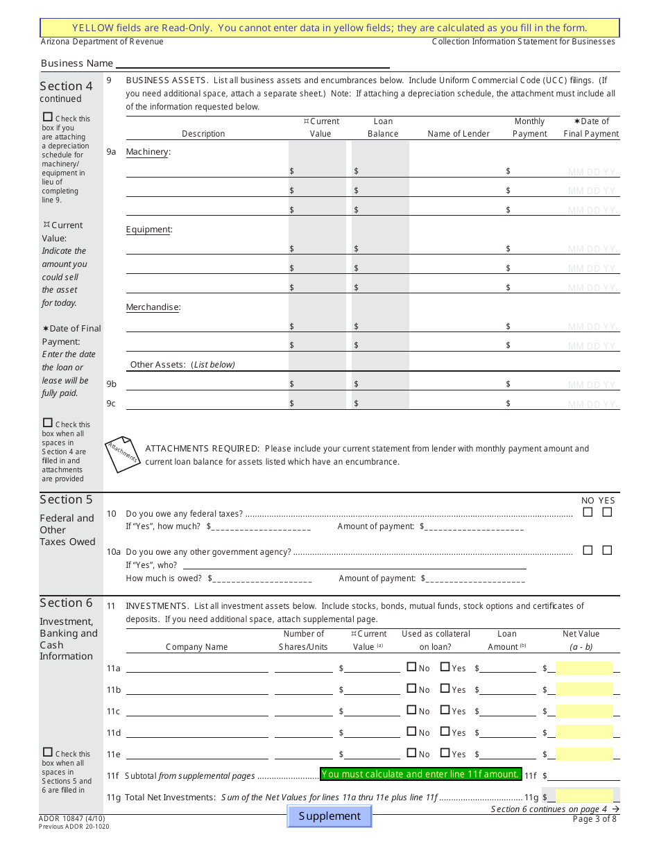 Form ADOR10847 Collection Information Statement for Businesses - Arizona, Page 3