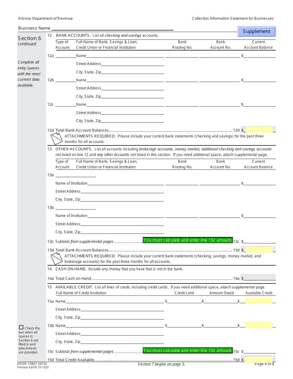 Form ADOR10847 Collection Information Statement for Businesses - Arizona, Page 4