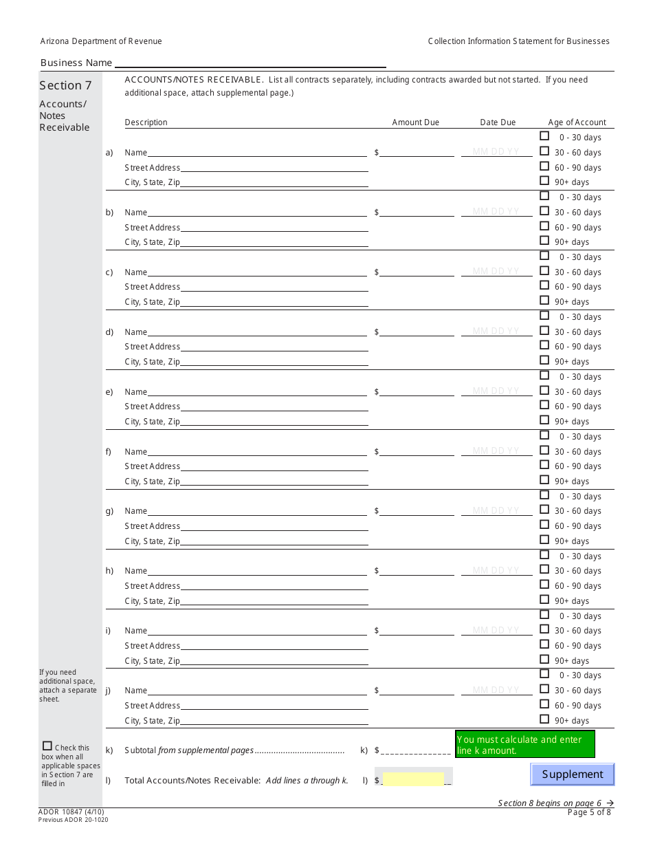 Form ADOR10847 Collection Information Statement for Businesses - Arizona, Page 5