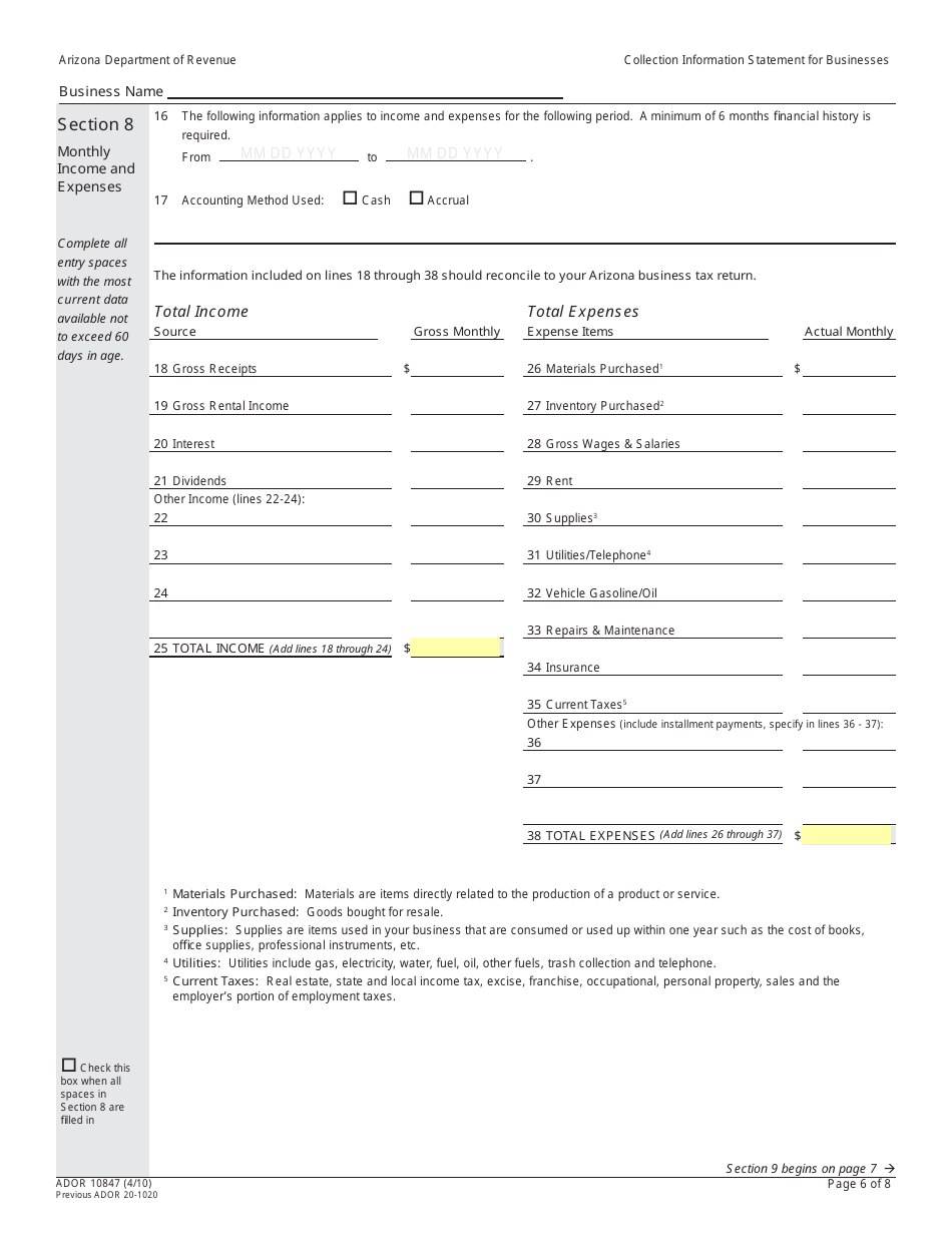 Form ADOR10847 Collection Information Statement for Businesses - Arizona, Page 6