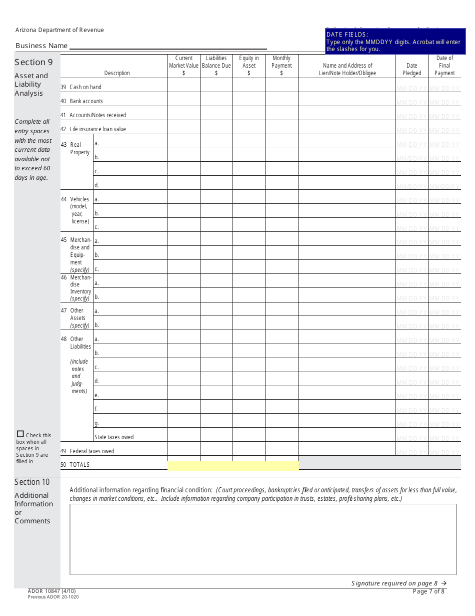 Form ADOR10847 Collection Information Statement for Businesses - Arizona, Page 7