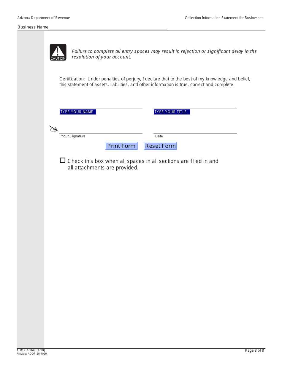 Form ADOR10847 Collection Information Statement for Businesses - Arizona, Page 8