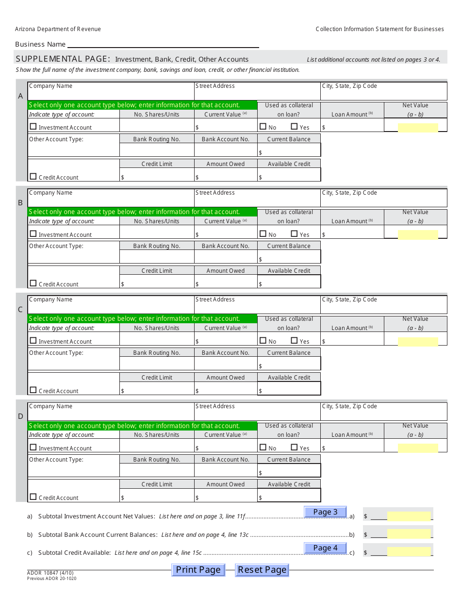 Form ADOR10847 Collection Information Statement for Businesses - Arizona, Page 9