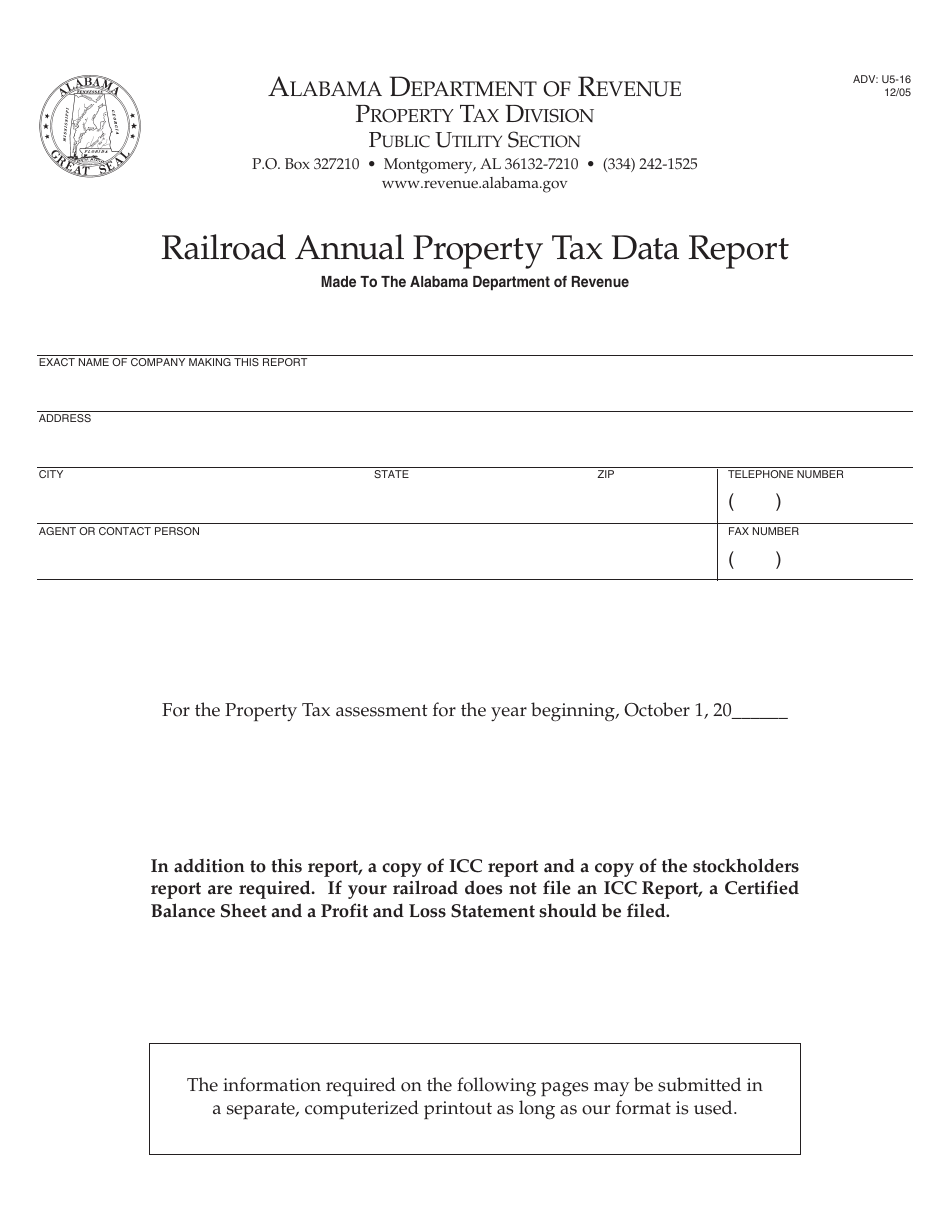 Form ADV: U5-16 Railroad Annual Property Tax Data Report - Alabama, Page 1