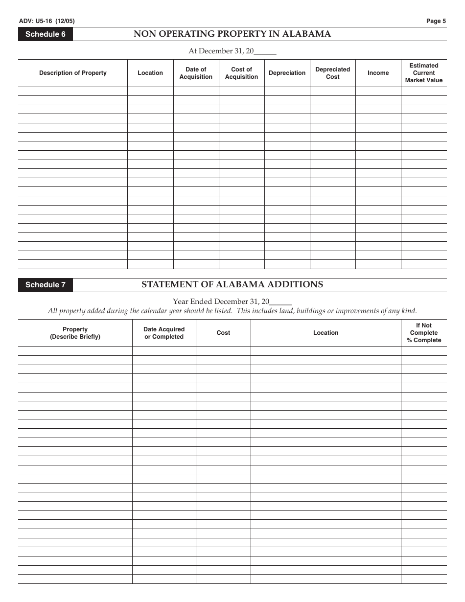 Form ADV: U5-16 Railroad Annual Property Tax Data Report - Alabama, Page 5