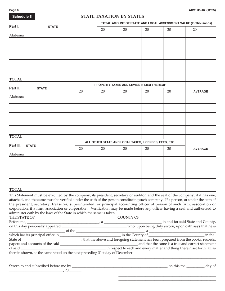 Form ADV: U5-16 Railroad Annual Property Tax Data Report - Alabama, Page 6
