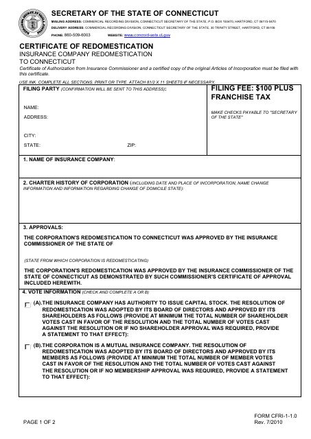 Form CFRI-1-1.0 Certificate of Redomestication - Insurance Company Redomestication to Connecticut - Connecticut