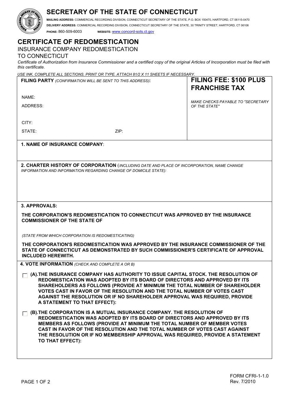 Form CFRI-1-1.0 Certificate of Redomestication - Insurance Company Redomestication to Connecticut - Connecticut, Page 1