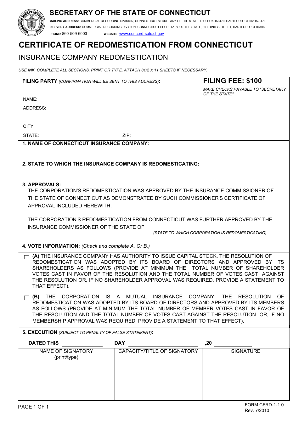 Form CFRD-1-1.0 Certificate of Redomestication From Connecticut - Insurance Company Redomestication - Connecticut, Page 1