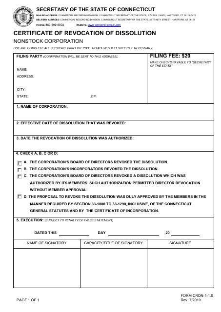 Form CRDN-1-1.0 Certificate of Revocation of Dissolution - Nonstock Corporation - Connecticut